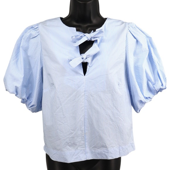 Kate Spade New York Tops - Kate Spade New York Blue Stripe Puff Sleeve Tie Front Cotton Blouse XS